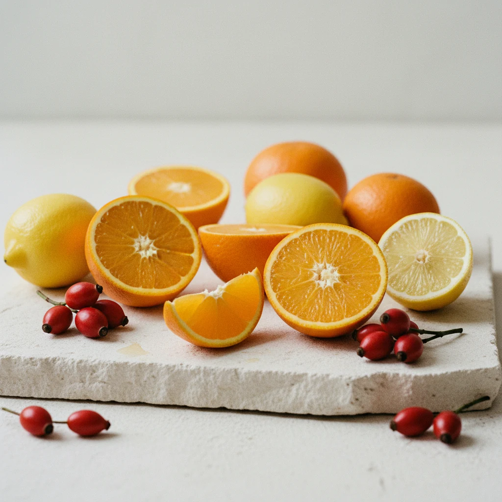 Sinaasappels, citroenen en rozenbottel op een lichte stenen ondergrond - bronnen van vitamine C