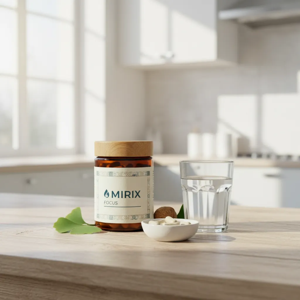 Mirix Focus amber glazen pot op een keukentafel naast een glas water en amandelen